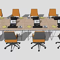 Long Rectangular Office Desk With Laptops Orange Chairs And Documents In Workspace 3d model