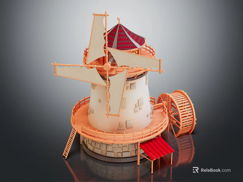 Decorative Windmill Style Furniture With White Tower Red Roof Orange Blades Circular Platform And Small Pavilion 3d model 