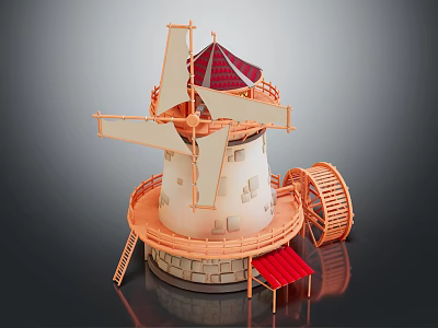 Decorative Windmill Style Furniture With White Tower Red Roof Orange Blades Circular Platform And Small Pavilion 3d model