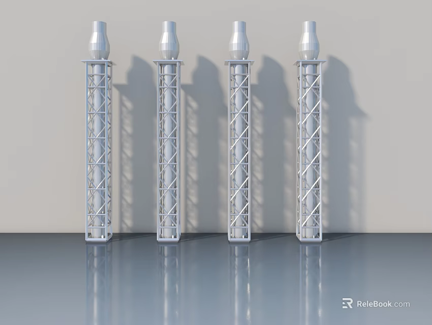 Four Silver Swing Door Metal Frames With Grid Structure On Reflective Floor 3d model