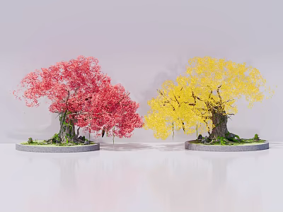 Vibrant Red And Yellow Leaf Trees With Thick Trunks On Decorative Base Platforms 3d model