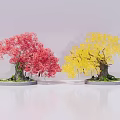 Vibrant Red And Yellow Leaf Trees With Thick Trunks On Decorative Base Platforms 3d model