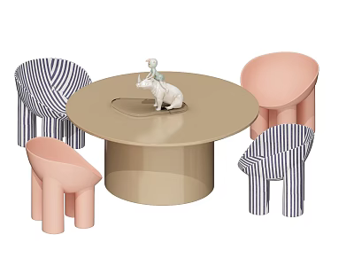 Cartoon Scene Featuring Beige Round Table Pink Chairs And Striped Seats With Animal Figurine 3d model