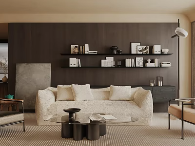 Modern Living Room Interior With Beige Sofa Dark Wooden Wall Shelves And Black Coffee Tables 3d model