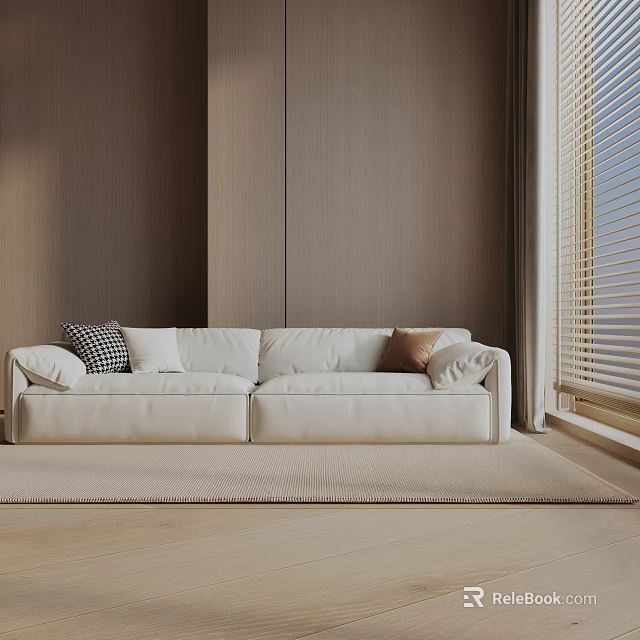 White Three Seater Sofa with Plush Checkered and Brown Pillows on Light Rug Wooden Floor 3d model 