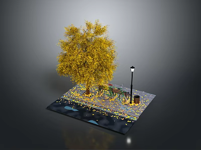 Outdoor Park Rest Area With Yellow Tree Street Lamp Bench Table Trash Bin And Fallen Leaves 3d model