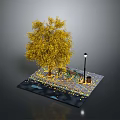 Outdoor Park Rest Area With Yellow Tree Street Lamp Bench Table Trash Bin And Fallen Leaves