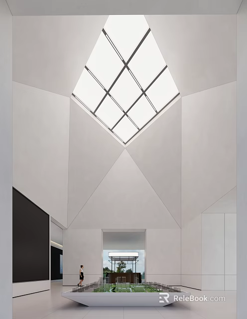 Modern Sales Office Interior Featuring Skylight And Geometric Ceiling Design Elements 3d model