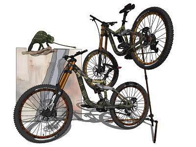 Camouflage Mountain Bikes With Sturdy Frame Big Wheels And Metal Bike Stand 3d model