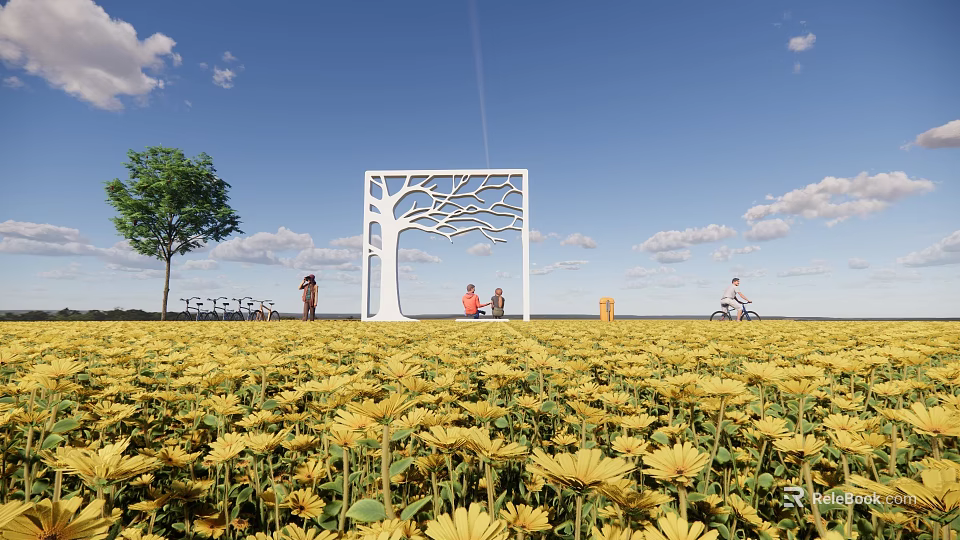 Scenic Pavilion in Sunflower Field with White Hollow Tree Shaped Structure under Blue Sky 3d model 