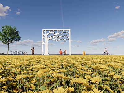 Scenic Pavilion in Sunflower Field with White Hollow Tree Shaped Structure under Blue Sky 3d model