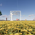 Scenic Pavilion in Sunflower Field with White Hollow Tree Shaped Structure under Blue Sky