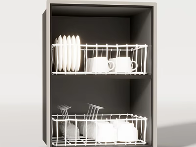 Organized Kitchen Cabinet Storage With White Racks Plates Mugs And Bottles 3d model