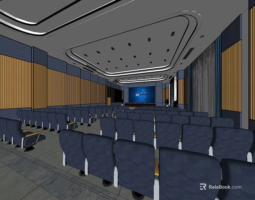 Modern Conference Room with Large Seating Arrangement Front Screen and Wooden Panel Walls 3d model 