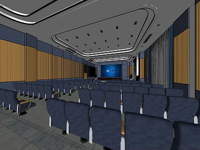Modern Conference Room with Large Seating Arrangement Front Screen and Wooden Panel Walls 3d model