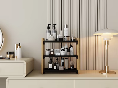Multi Tiered Storage Shelf For Skincare Cosmetic Products On Modern Vanity With Striped Wall 3d model