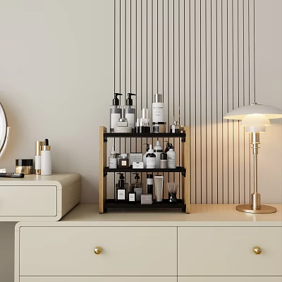 Multi Tiered Storage Shelf For Skincare Cosmetic Products On Modern Vanity With Striped Wall 3d model