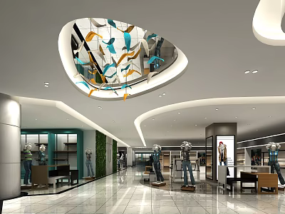 Spacious Shopping Mall Lobby With Colorful Ceiling Decor Mannequins Clothing Displays And Green Plant Wall 3d model