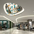 Spacious Shopping Mall Lobby With Colorful Ceiling Decor Mannequins Clothing Displays And Green Plant Wall