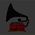 Vintage Gramophone Design With Brass Horn Red Wooden Base And Turntable