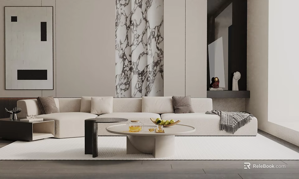 Modern Living Room Three-Seater Sofa With Coffee Table Pillows And Marble Backdrop 3d model 