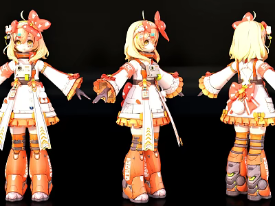 Game Anime Character Three Angles With Cute Orange White Outfit Bow And Mechanical Boots 3d model