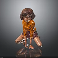 Kneeling Girl Sculpture Wearing Glasses Orange Top And Short Skirt On Reflective Ground