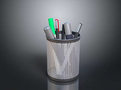 Practical Metal Mesh Pen Holder With Green Red Silver Pens On Dark Surface 3d model