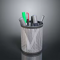 Practical Metal Mesh Pen Holder With Green Red Silver Pens On Dark Surface 3d model
