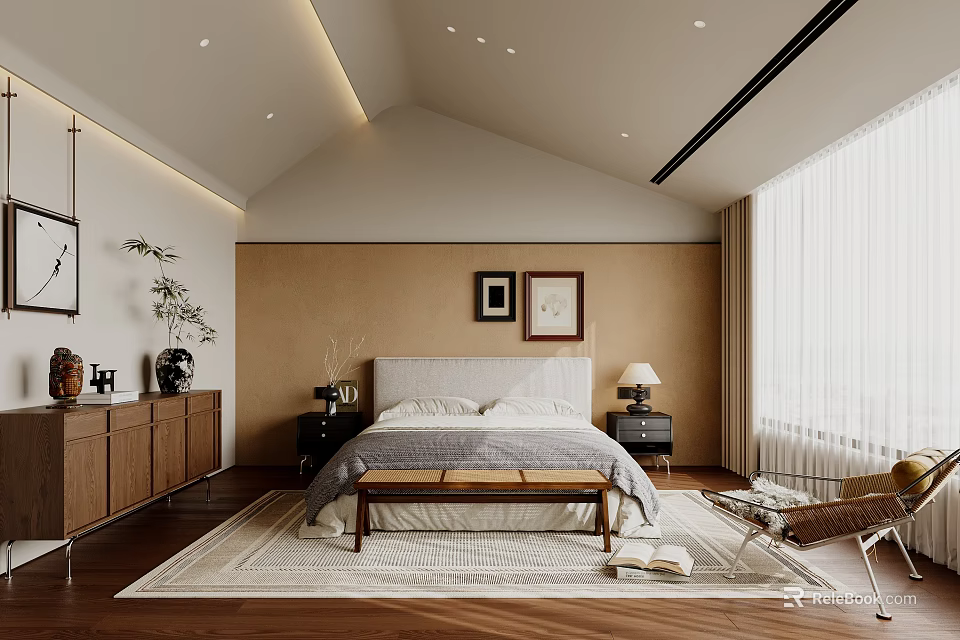 Cozy Modern Bedroom Interior Design With Wooden Furniture Area Rug Wall Art And Curtains 3d model 