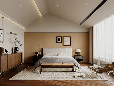 Cozy Modern Bedroom Interior Design With Wooden Furniture Area Rug Wall Art And Curtains 3d model