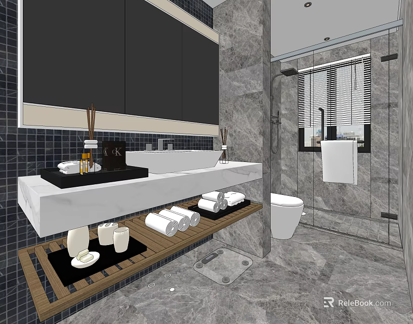 Modern Hotel Bathroom Interior With Marble Walls Black Cabinets Double Vanity And Shower 3d model 