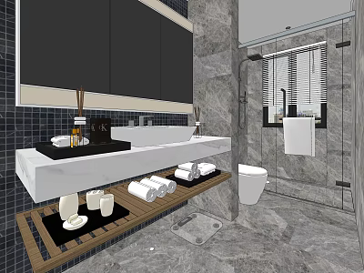 Modern Hotel Bathroom Interior With Marble Walls Black Cabinets Double Vanity And Shower 3d model