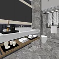 Modern Hotel Bathroom Interior With Marble Walls Black Cabinets Double Vanity And Shower