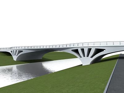 Modern Arch Bridge Design Over River With Green Grass And Water Reflection 3d model
