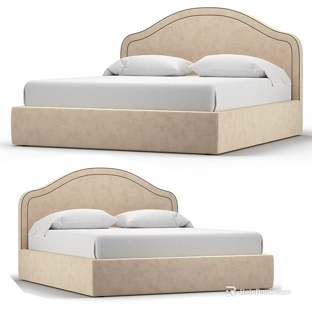 Modern Upholstered Double Bed with Curved Beige Headboard White Mattress And Two Pillows 3d model 