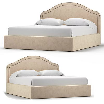 Modern Upholstered Double Bed with Curved Beige Headboard White Mattress And Two Pillows 3d model
