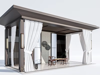 Modern Outdoor Gazebo With White Curtains Dark Wood And Relaxation Seating Area 3d model