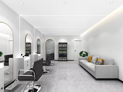 Modern Beauty Hair Salon Interior With Arc Mirrors Black Barber Chairs And Sofa With Cushions 3d model