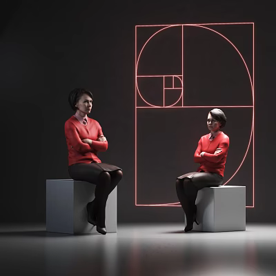 Two Women In Red Tops Sitting On Gray Cubes Crossed Arms With Illuminated Fibonacci Spiral 3d model