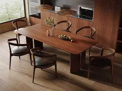 Modern Restaurant Interior With Wooden Dining Table Dark Leather Chairs Open Kitchen And Natural Light 3d model