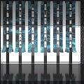 Modern Artistic Installation With Vertical Blue Stripes Metallic Panels And Reflective Floor
