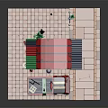 Cartoon Scene Featuring Two Story Building With Green Walls Red Roof And Red Truck