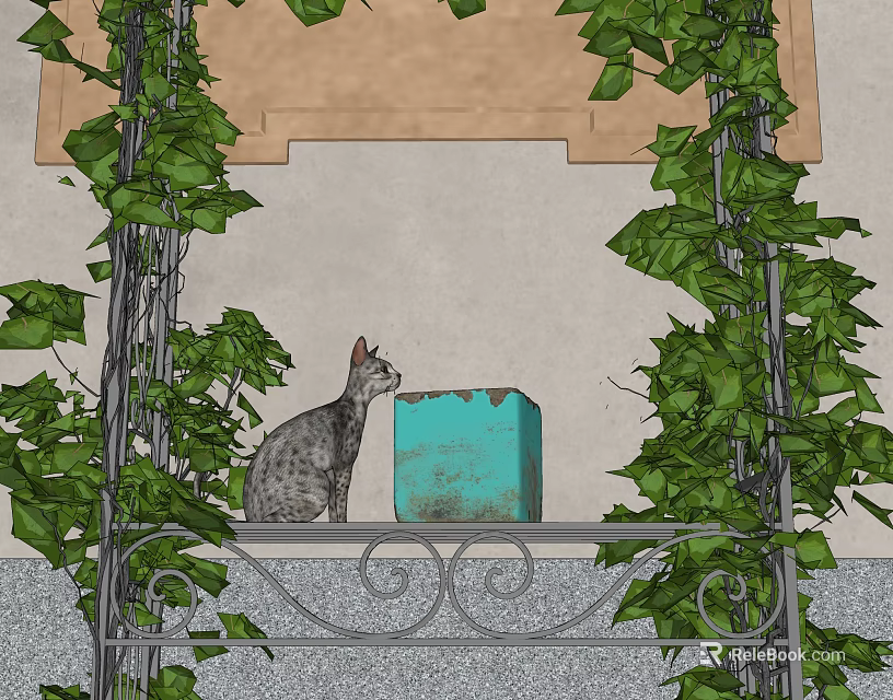 Gray Cat Sitting On Ornate Iron Railing Beside Blue Box And Green Vines 3d model 