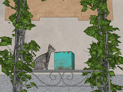 Gray Cat Sitting On Ornate Iron Railing Beside Blue Box And Green Vines 3d model