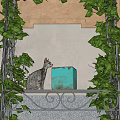 Gray Cat Sitting On Ornate Iron Railing Beside Blue Box And Green Vines