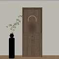 Wooden Cabinet With Circular Light Sculpture And Bamboo Plant In Black Pot