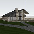Single Family House Exterior Architecture With Stone Wood Structure Chimney Glass Windows And Garden