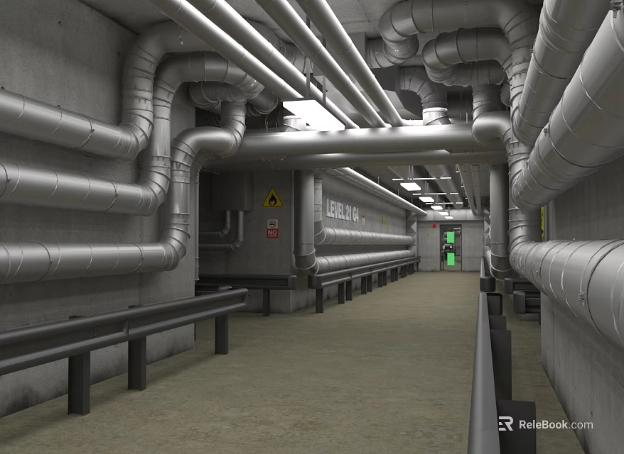Industrial Facility With Silver Metal Pipes Concrete Walls Walkway Guardrails Green Indicator And Warning Signs 3d model 