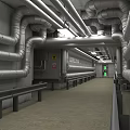 Industrial Facility With Silver Metal Pipes Concrete Walls Walkway Guardrails Green Indicator And Warning Signs